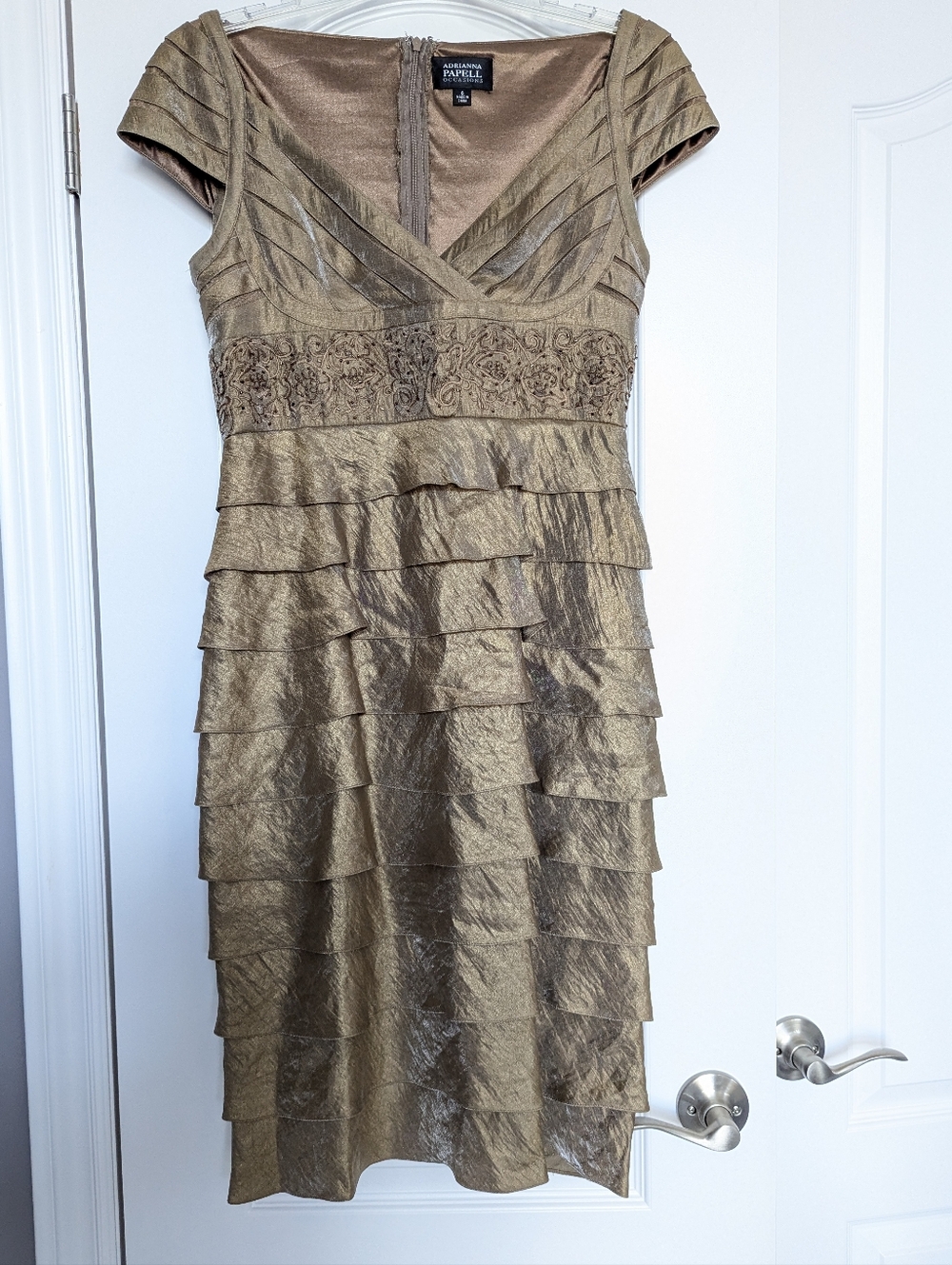 Adrianna Papell Gold Metallic Tiered V-Neck Midi Dress
